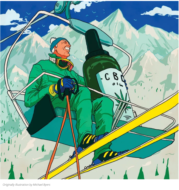 An illustration of a skier on a lift with a bottle of CBD.