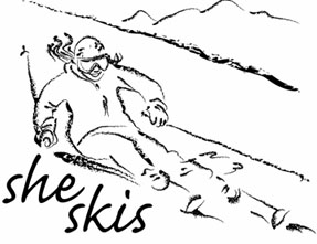 A hand-drawn image of a woman skiing is the logo for She Skis.